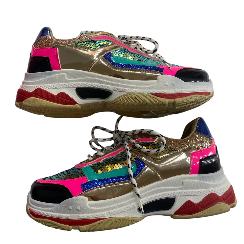 Pink,Gold Multi colored,Chunky Sneakers,shoes,sequins throughout, Size 7, New - Picture 5 of 10